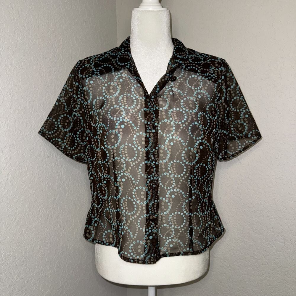 R&K Originals Sheer Blouse Top Womens 8 Brown Blue Dot Short Sleeve Button Front
